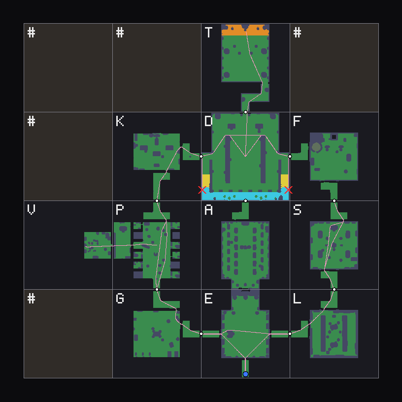 Fable's conformance map: compact rooms on the grid; red crosses at the gallery stair tops where the walk stuck