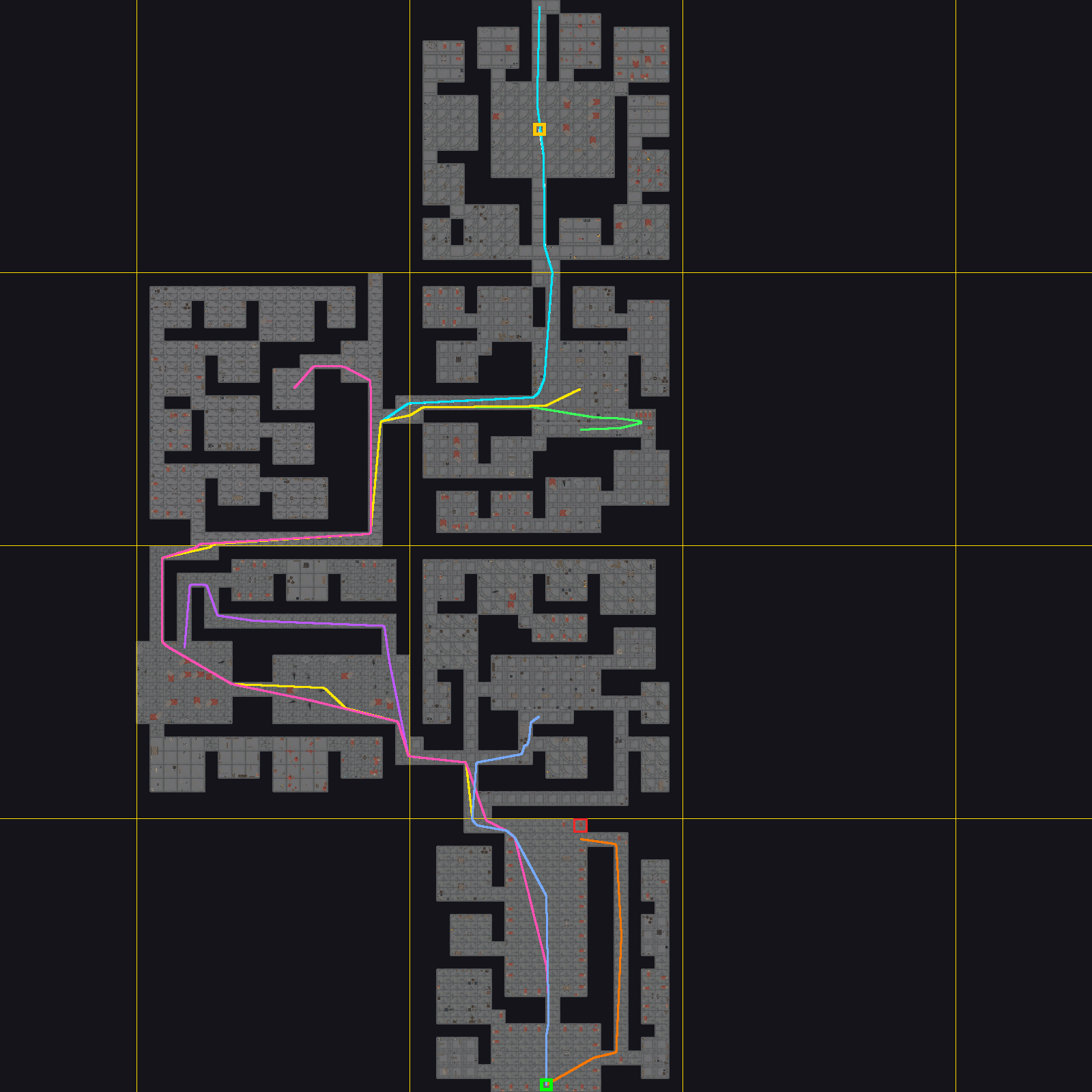 Ours (patterns) walk map: six 100 m pattern tiles with eight coloured walked routes